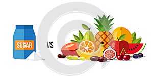 Sugar vs fruits. Vector concept.