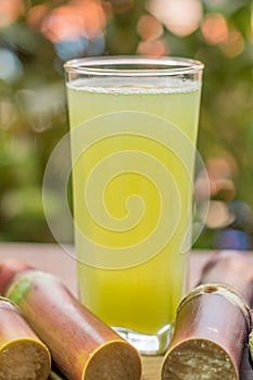 Sugarcane fresh juice with piece of sugarcane on wooden background. Closeup image / Selective focus