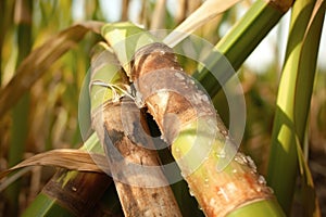 Sugarcane green plant field closeup photo. Generate Ai