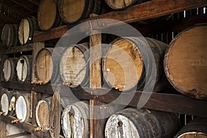 Sugarcane liquor, or cachaca, resting in cask