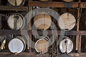 Sugarcane liquor, or cachaca, resting in cask