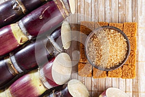 Sugar cane, sugar and panela. Derived from sugar cane. photo