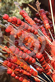 Sugarcoated haws on a stick photo