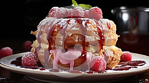 Sugared Beignet Decorated With Raspberries and Mint Leaves On Blurry Background