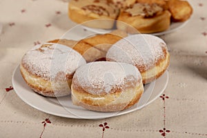 Sugared doughnut on a white plate