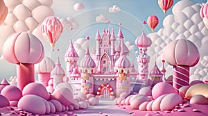 A sugary dreamland with pastel castle and candy trees under a blue sky