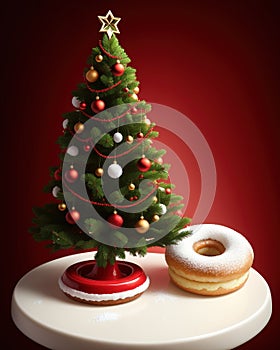 An sugary sugar donut and Christmas tree
