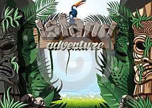 Suggestion for the start page of the mobile game Island Adventure, with exotic backgrounds and idols
