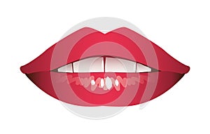 Suggestive mouth made up with red lipstick isolated on white background