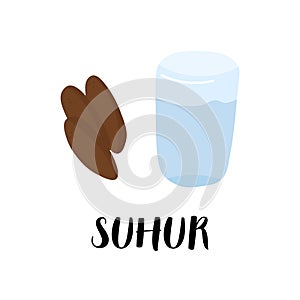 Suhur ramadan breakfast with water and dates. Muslim fasting family illustration. photo