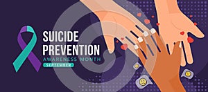 Suicide prevention awareness month text and suicide awareness prevention ribbon sign and hands that delivers love to a sad hand on