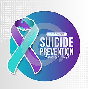 Suicide prevention awareness month text and Teal purple ribbon awareness with hand hold hand to give hope sign on circle