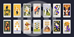 Suit of Coins in occult tarot cards deck. Minor arcanas designs set with Ace, Knight, King, Queen, Page of Pentacles photo