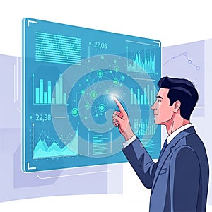 Suit interacts with a transparent digital interface displaying various