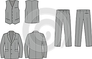 Suit jacket, pants, waistcoat flat sketch. Office wear apparel design. photo