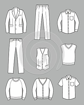 Suit jacket, trousers, pants, shirt, waistcoat, knitted vest, cardigan, jumper.