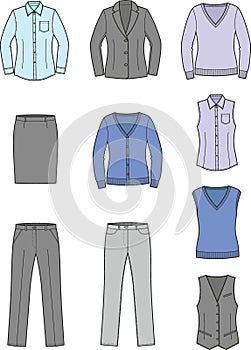Suit jacket, trousers, pants, shirt, waistcoat, knitted vest, cardigan, jumper. photo