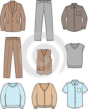 Suit jacket, trousers, pants, shirt, waistcoat, knitted vest, cardigan, jumper. photo