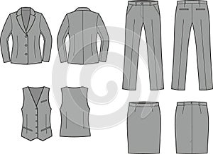 Suit jacket, trousers, skirt, waistcoat sketch. Business wear apparel design. photo
