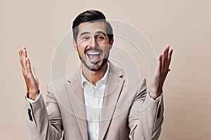 suit man beige businessman handsome portrait happy copyspace smiling business smile