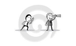 Suit man looking telescope and Businessman with a magnifying glass. vision success concept. isolated illustration outline h
