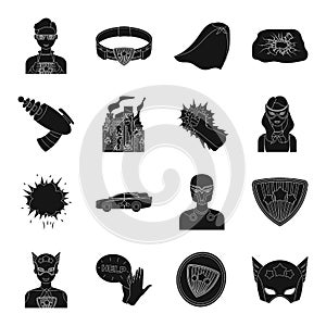 Suit, sign, superman, and other web icon in black style. Lifeguard, protector, superpower icons in set collection.