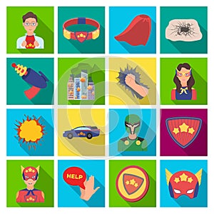 Suit, sign, superman, and other web icon in flat style. Lifeguard, protector, superpower icons in set collection.