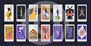 Suit of Swords in tarot cards deck. Modern esoteric minor arcanas designs pack with Nobles. Occult Taro Ace, King