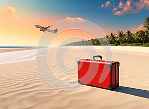 Suitcase abandoned on a sandy beach in sunset and an airliner in the air