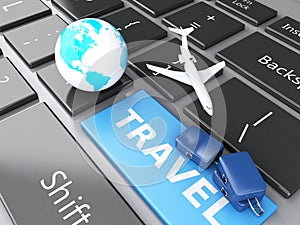 suitcase, airplane and earth on computer keyboard. Travel concept