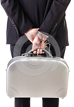 Suitcase attached with handcuffs