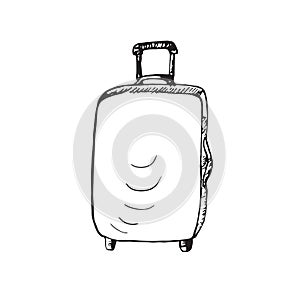 Suitcase bag with handle, isolated hand drawn black and white outline doodle, sketch, illustration