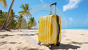 Suitcase on the beach background. Yellow travel luggage on white tropical sand near sea ocean. Summer holidays. Vacations trip.