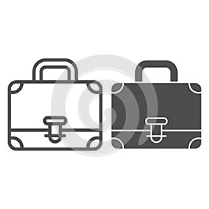 Suitcase or Briefcase line and solid icon. Portfolio with handle and clasp lock outline style pictogram on white