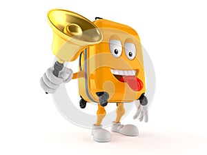 Suitcase character ringing a handbell