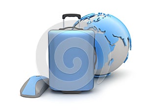 Suitcase, computer mouse and earth globe