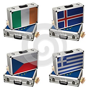 Suitcase with Euro flags and money