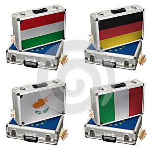 Suitcase with Euro flags and money