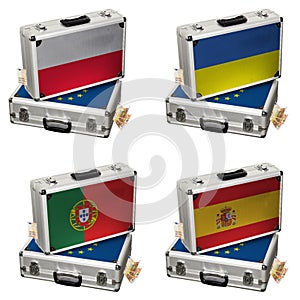 Suitcase with Euro flags and money