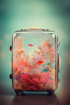 A suitcase with a fish tank inside of it. AI generative image.