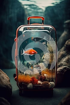 A suitcase with a fish tank inside of it. AI generative image