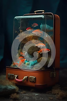 A suitcase with a fish tank inside of it. AI generative image