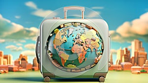 Suitcase with globe and world map inside. Sustainable travel wanderlust adventure concept