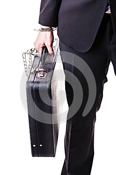 Suitcase handcuffed to a businessman