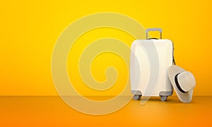 Suitcase with hat on orange abstract background. travel layout , 3d concept design