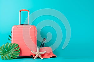 A suitcase, hat, sunglasses, and starfish are arranged neatly on a vibrant background. Accessories for summer vacation