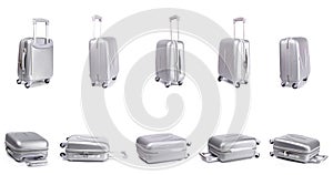 Suitcase isolated on white. Set of silver travel baggage bag or plastic luggage on white background. Summer vacation and product