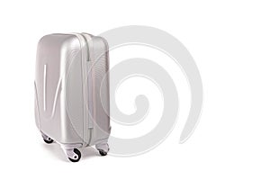 Suitcase isolated on white. Silver travel baggage bag or plastic luggage on white background. Summer vacation and product