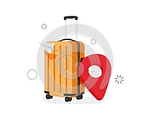 Suitcase and location point marker of map or navigation pin icon on cloud. Navigation for travel