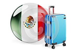 Suitcase with Mexican flag. Mexico travel concept, 3D rendering